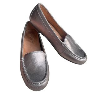 Vionic Debbie Metallic Pewter Leather Driver Mocassin Flat Loafers 9.5